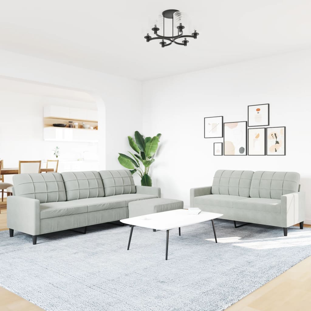 3 Pcs conjunto de sofás com almofadões veludo cinzento-claro