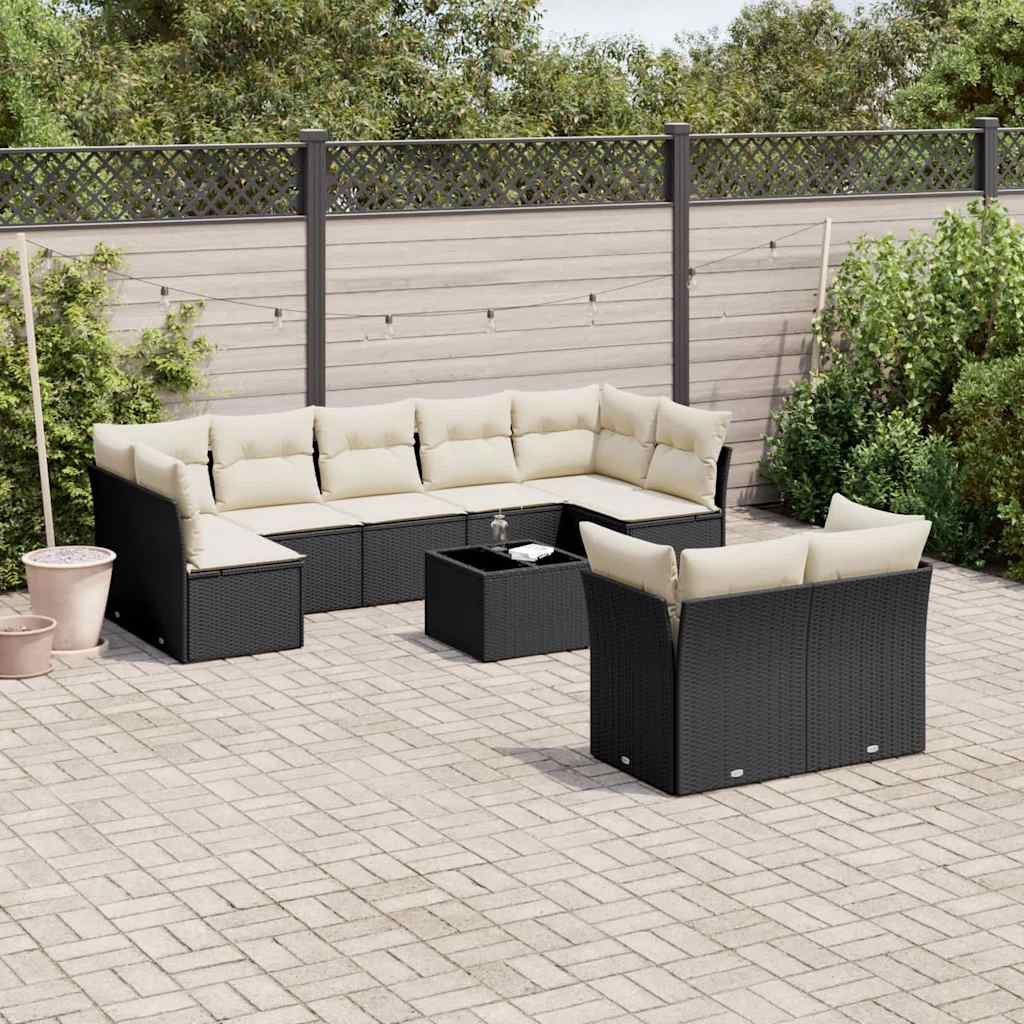 10 Pcs conjunto sofás de jardim c/ almofadões vime PE preto
