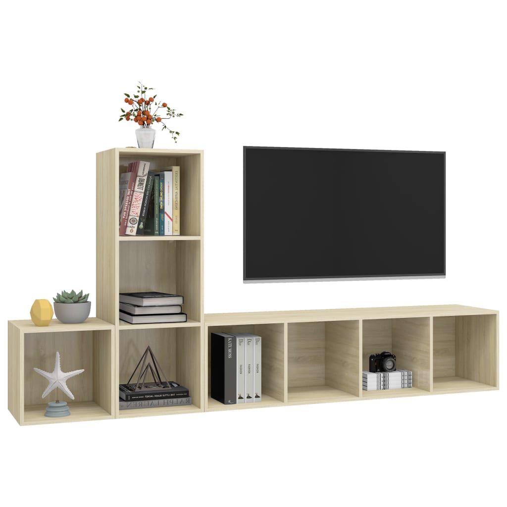 3 Pcs conjunto de móveis de TV contraplacado carvalho sonoma