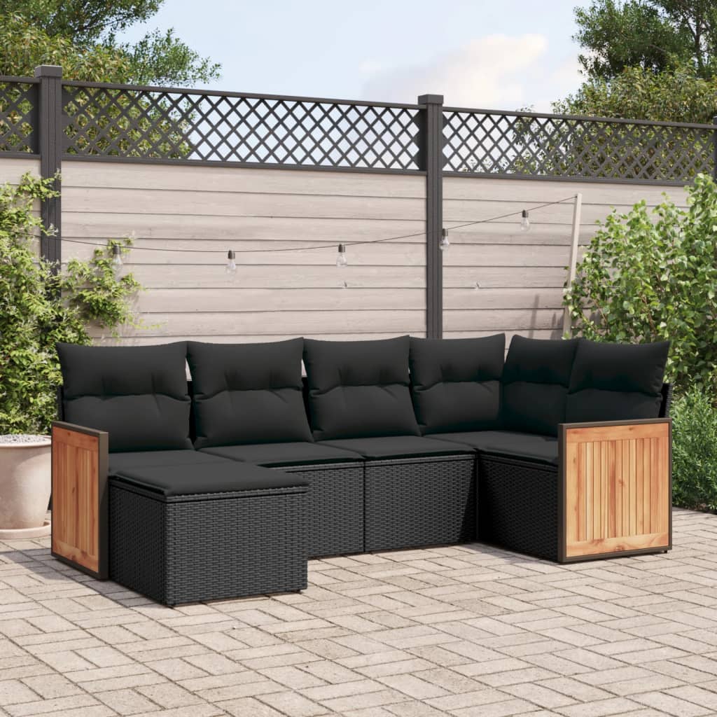 6 Pcs conjunto sofás de jardim c/ almofadões vime PE preto