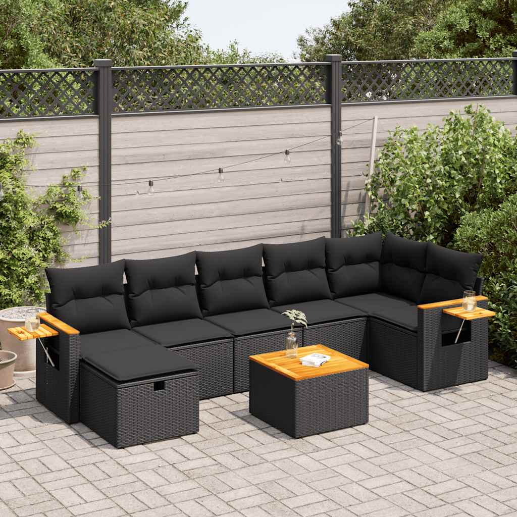 8 Pcs conjunto sofás de jardim com almofadões vime PE preto