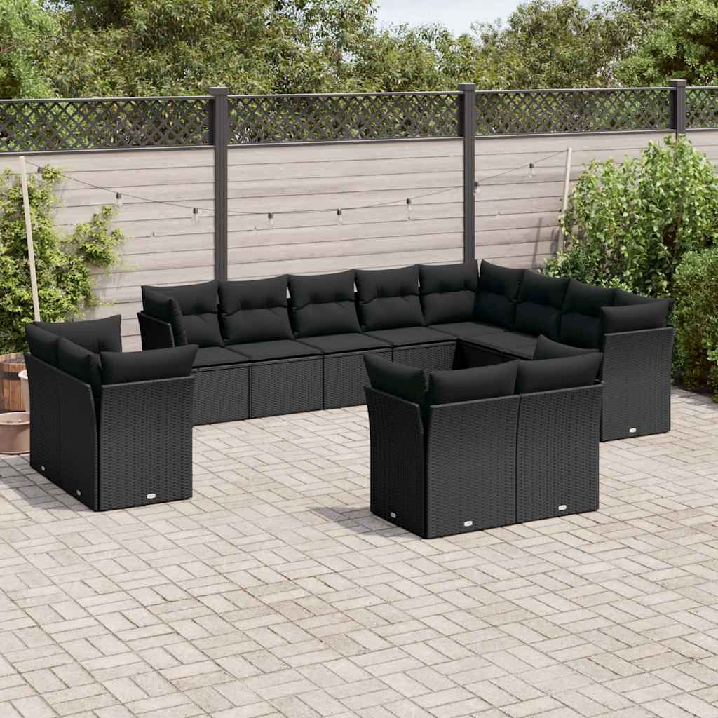12 Pcs conjunto de sofás de jardim c/ almofadões vime PE preto