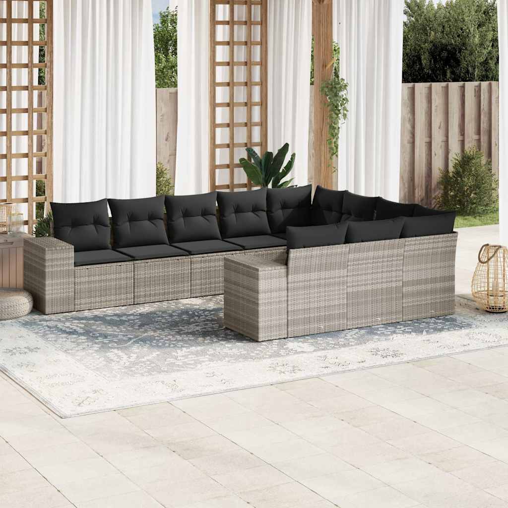 10 Pcs conj. sofás jardim com almofadões vime PE cinzento-claro