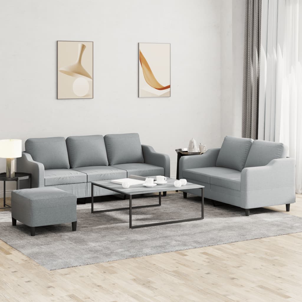 3 Pcs conjunto de sofás com almofadões tecido cinzento-claro
