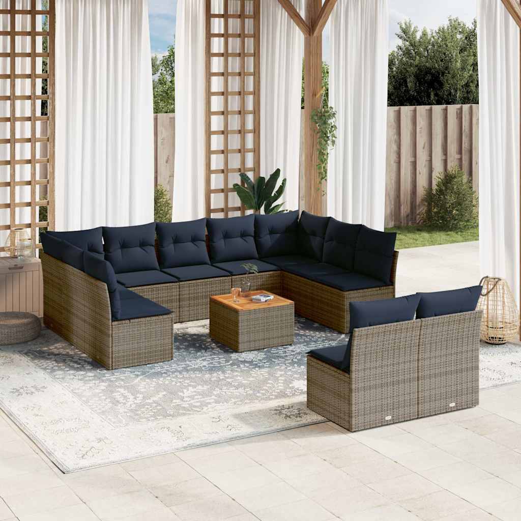 12 Pcs conjunto sofás p/ jardim c/ almofadões vime PE cinzento