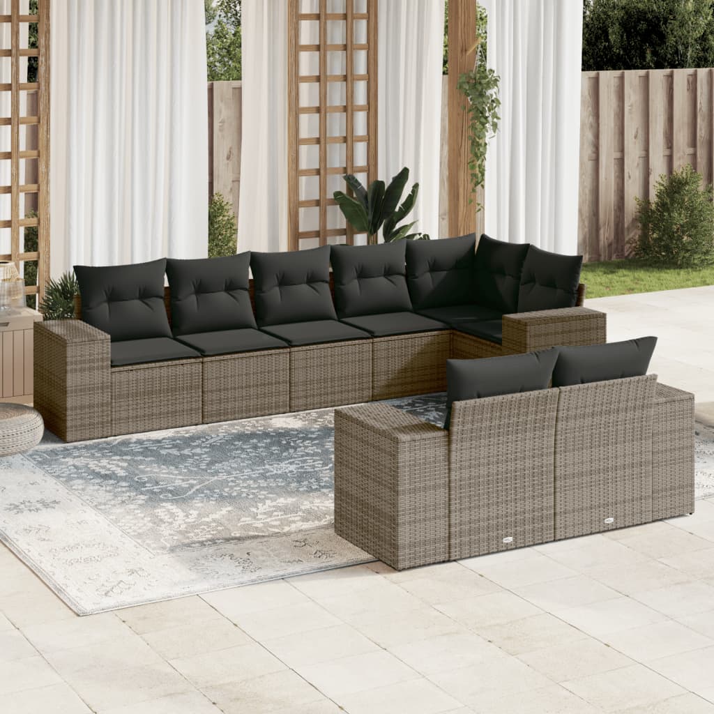 8 Pcs conjunto sofás de jardim c/ almofadões vime PE cinzento