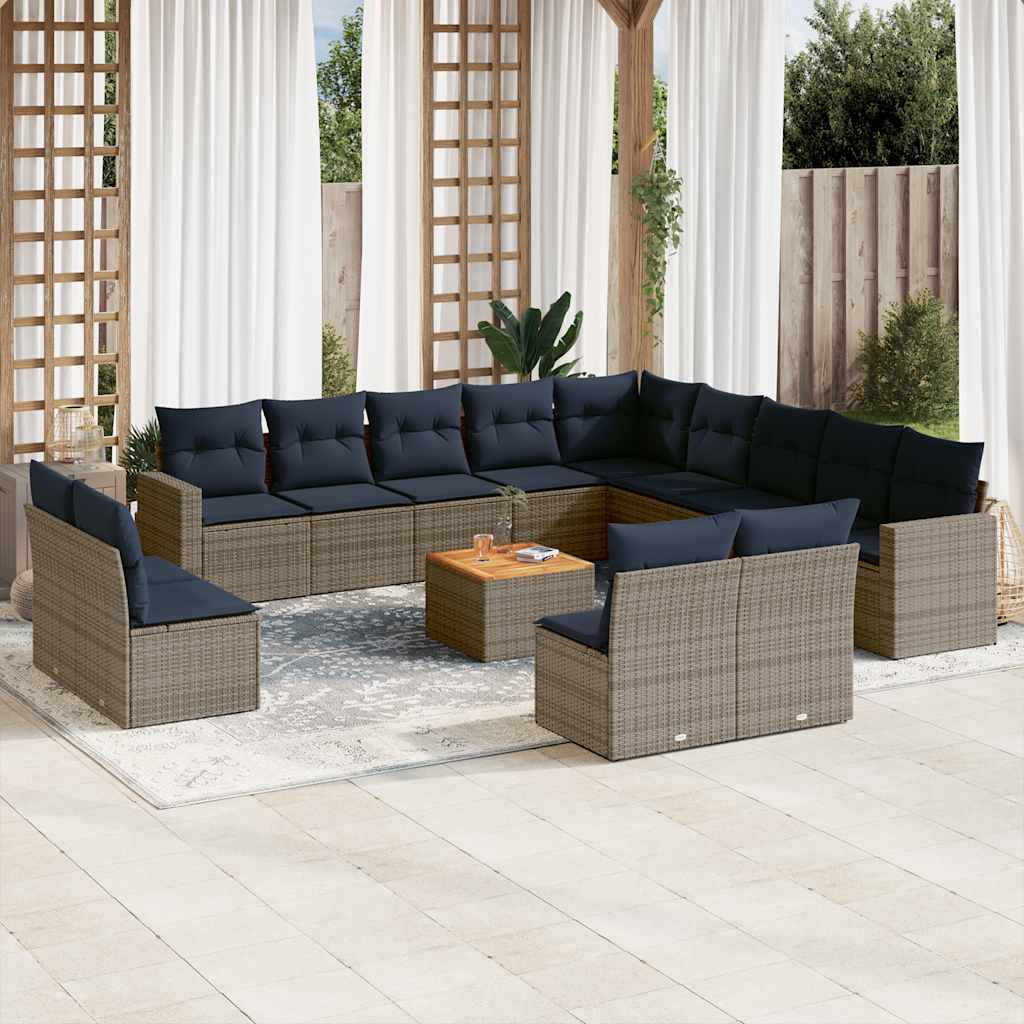 14 Pcs conjunto sofás p/ jardim c/ almofadões vime PE cinzento