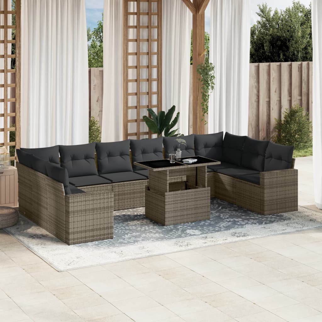 11 Pcs conjunto sofás de jardim c/ almofadões vime PE cinzento