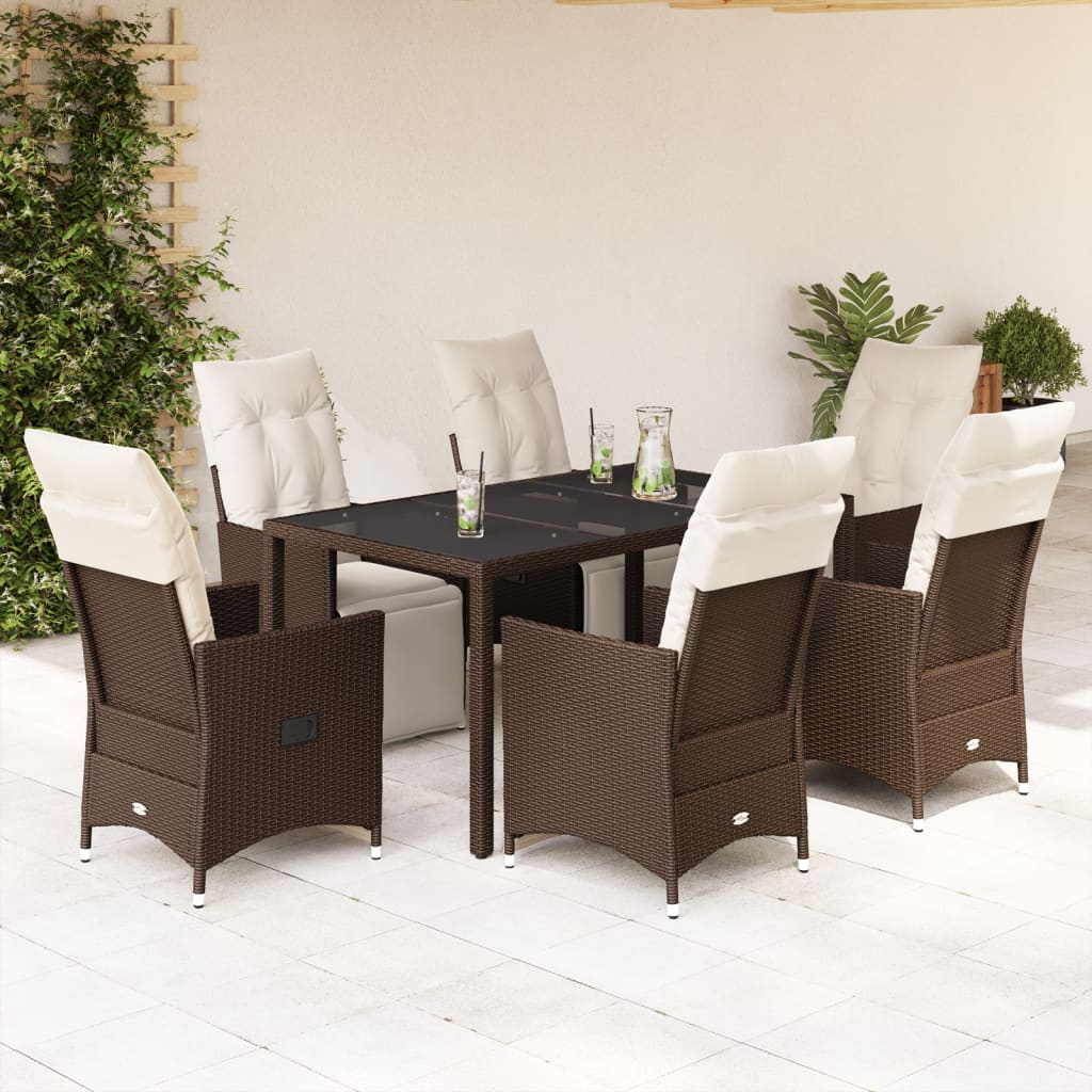 7 Pcs conjunto bistrô de jardim c/ almofadões vime PE castanho