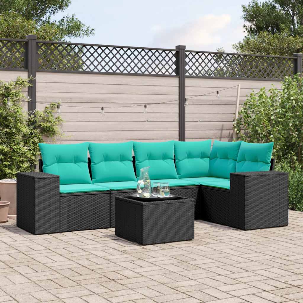 Conjunto de sofá de jardim com 6 peças e almofadas em rattan sintético preto