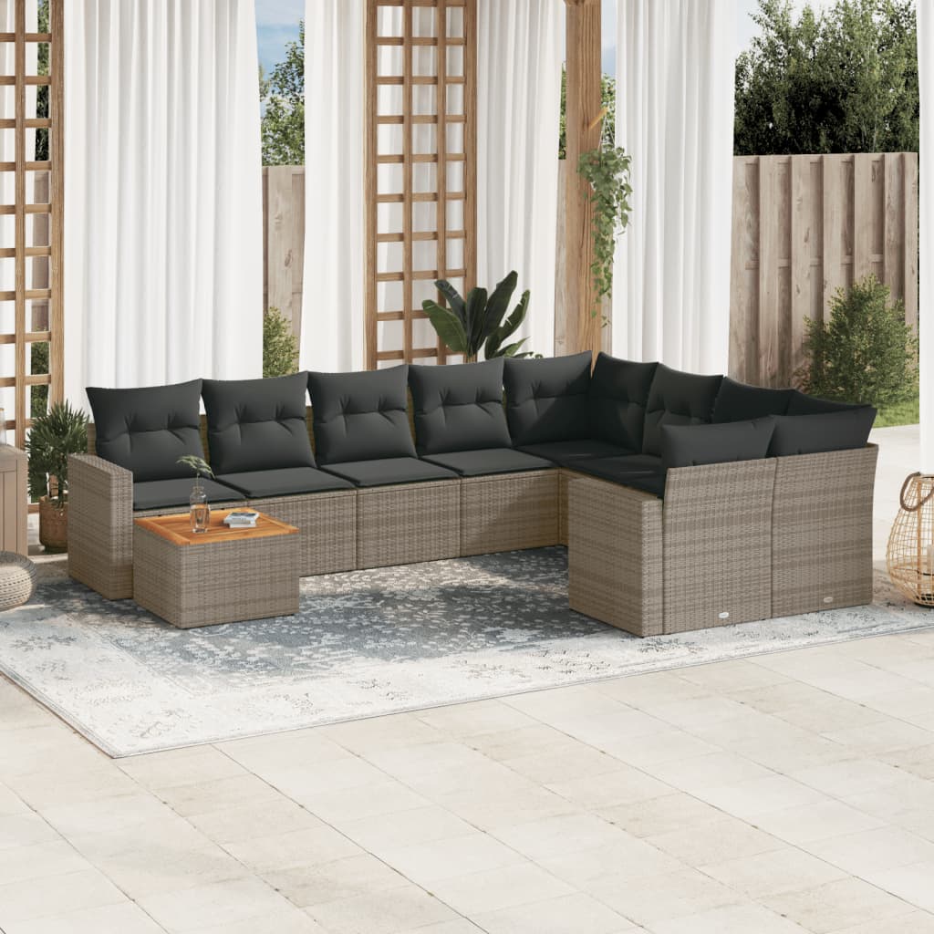 10 Pcs conjunto sofás de jardim c/ almofadões vime PE cinzento