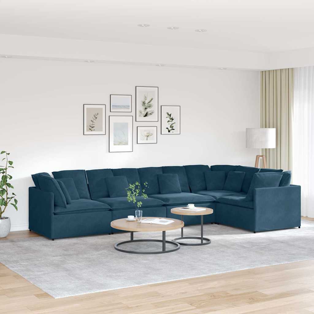 Sofá modular com almofadas em veludo azul