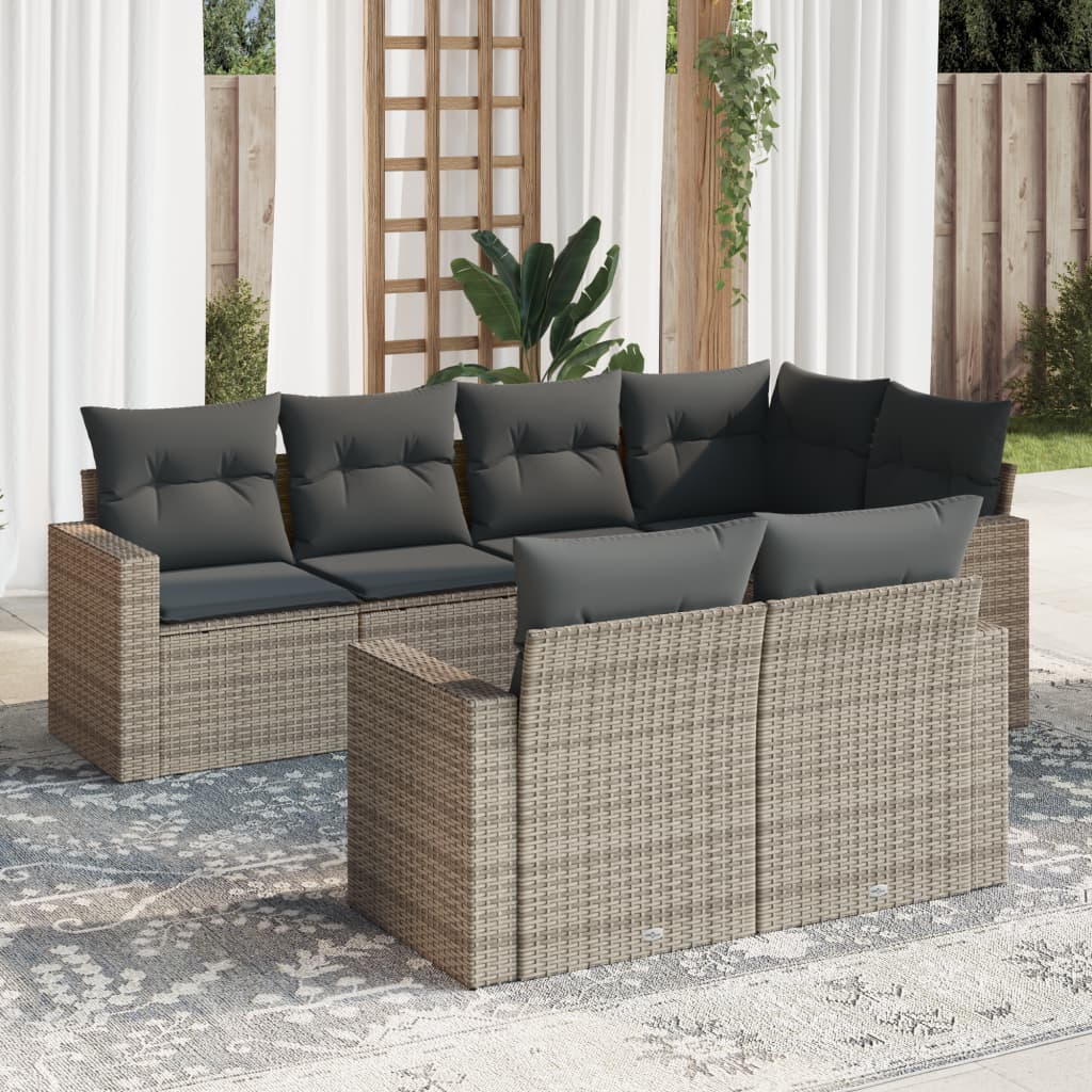 7 Pcs conjunto sofás p/ jardim c/ almofadões vime PE cinzento