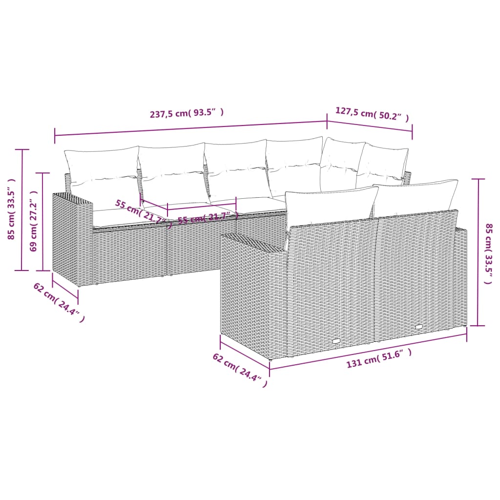 7 Pcs conjunto sofás p/ jardim c/ almofadões vime PE cinzento