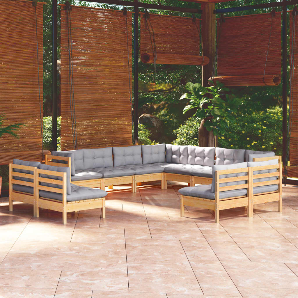 11Pcs conjunto lounge de jardim + almofadões cinza pinho maciço