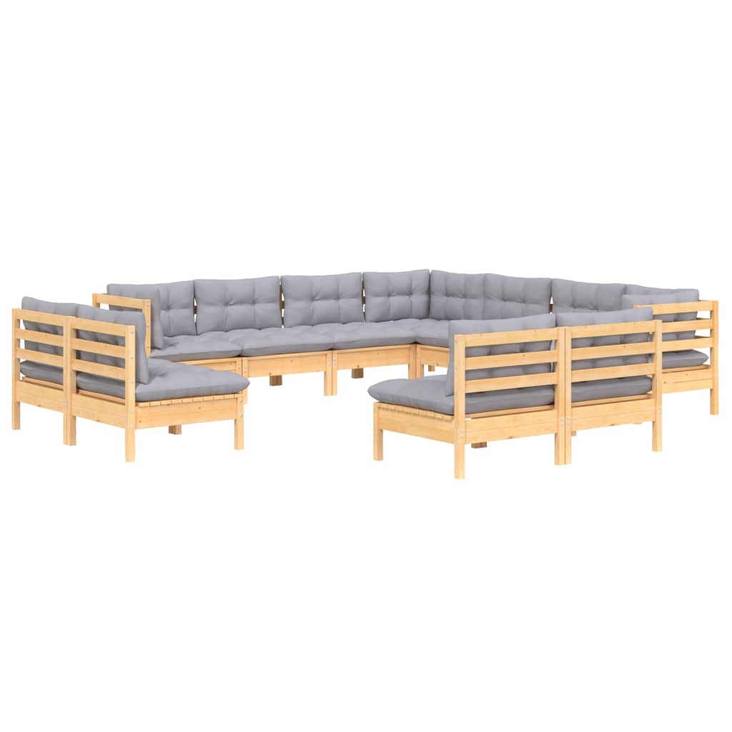 11Pcs conjunto lounge de jardim + almofadões cinza pinho maciço