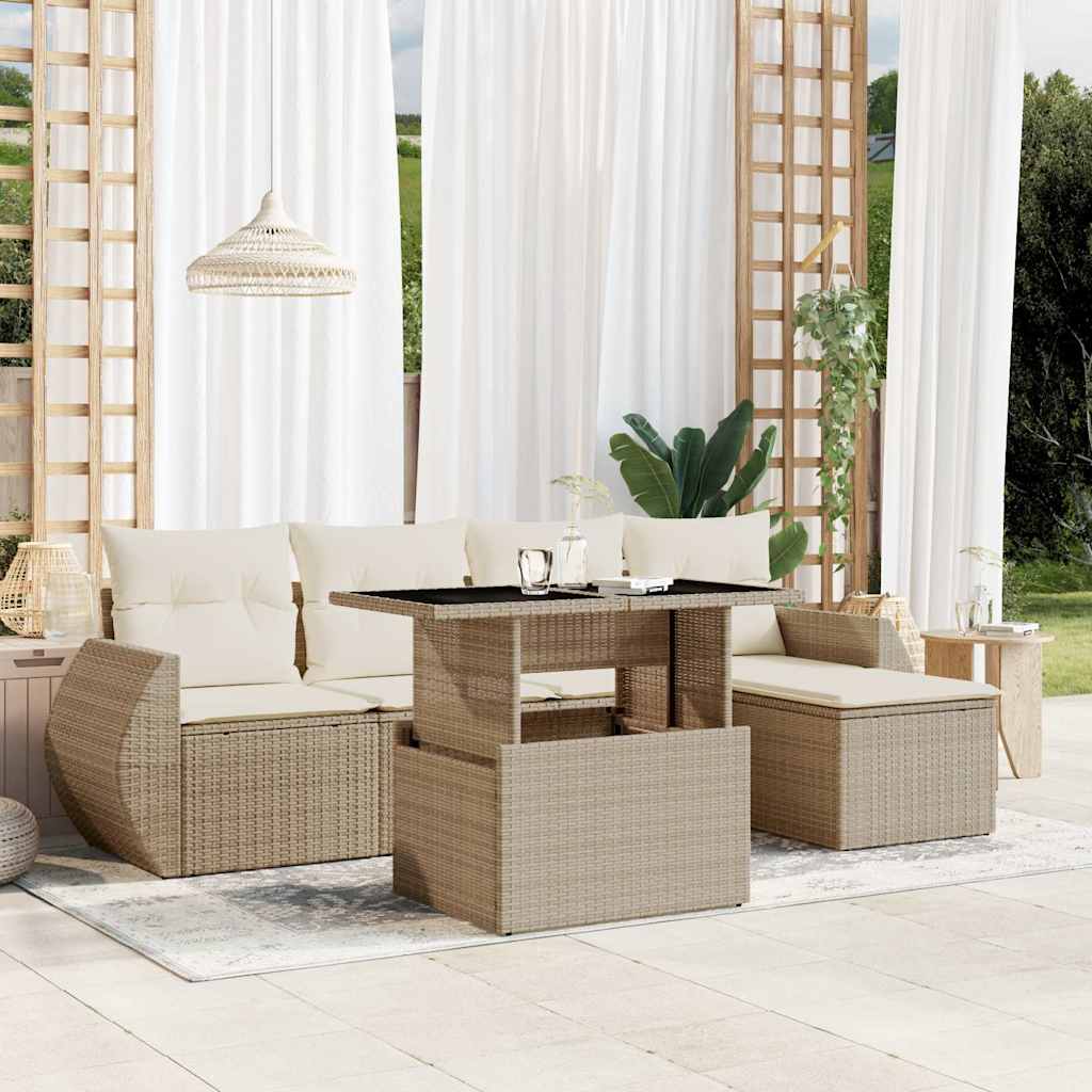 6 Pcs conjunto de sofás p/ jardim com almofadões vime PE bege