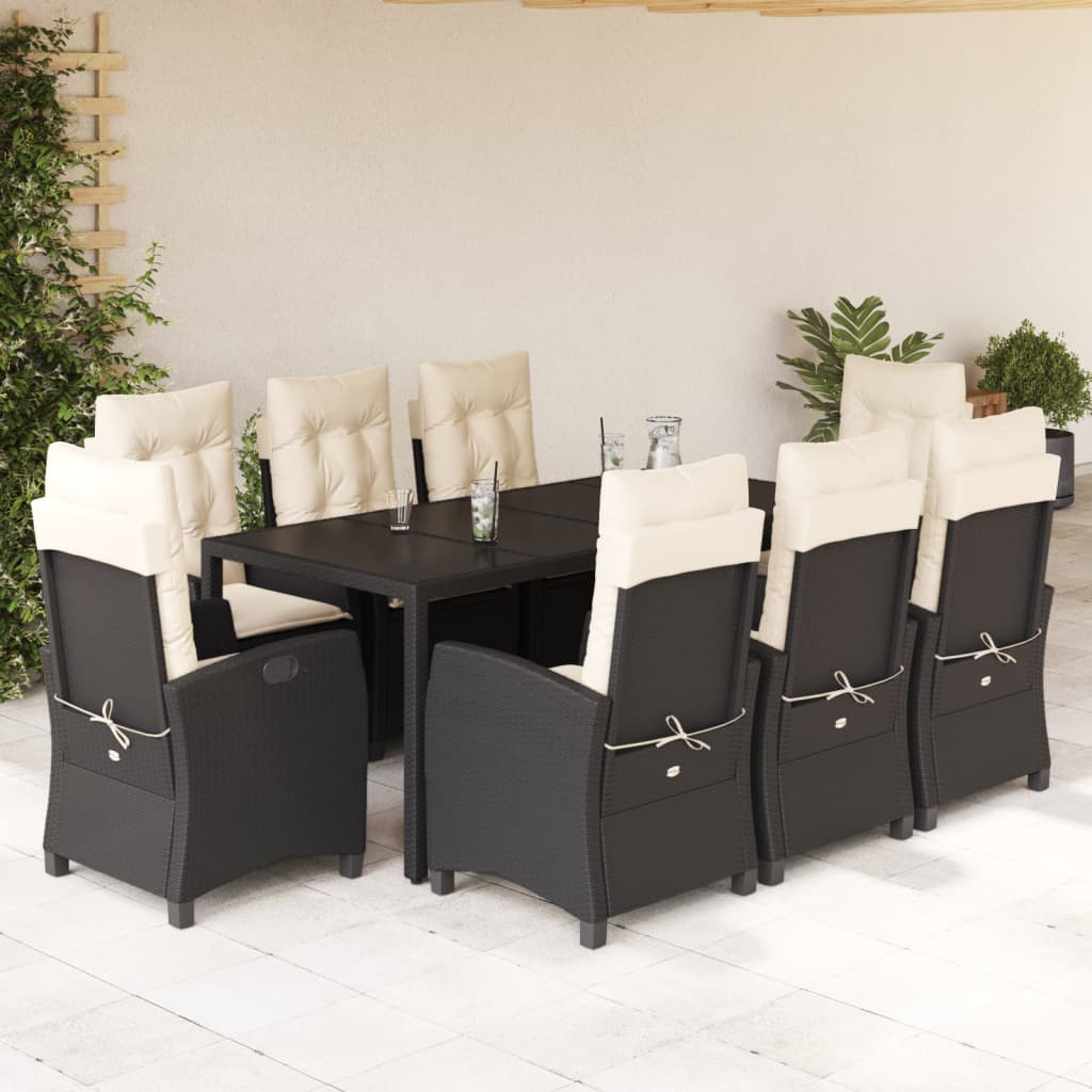9 Pcs conjunto de jantar p/ jardim c/ almofadões vime PE preto