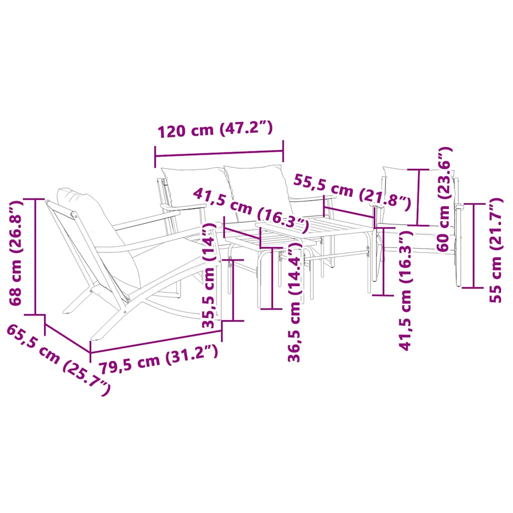 5 Pcs conjunto mobiliário de varanda com almofadões aço preto