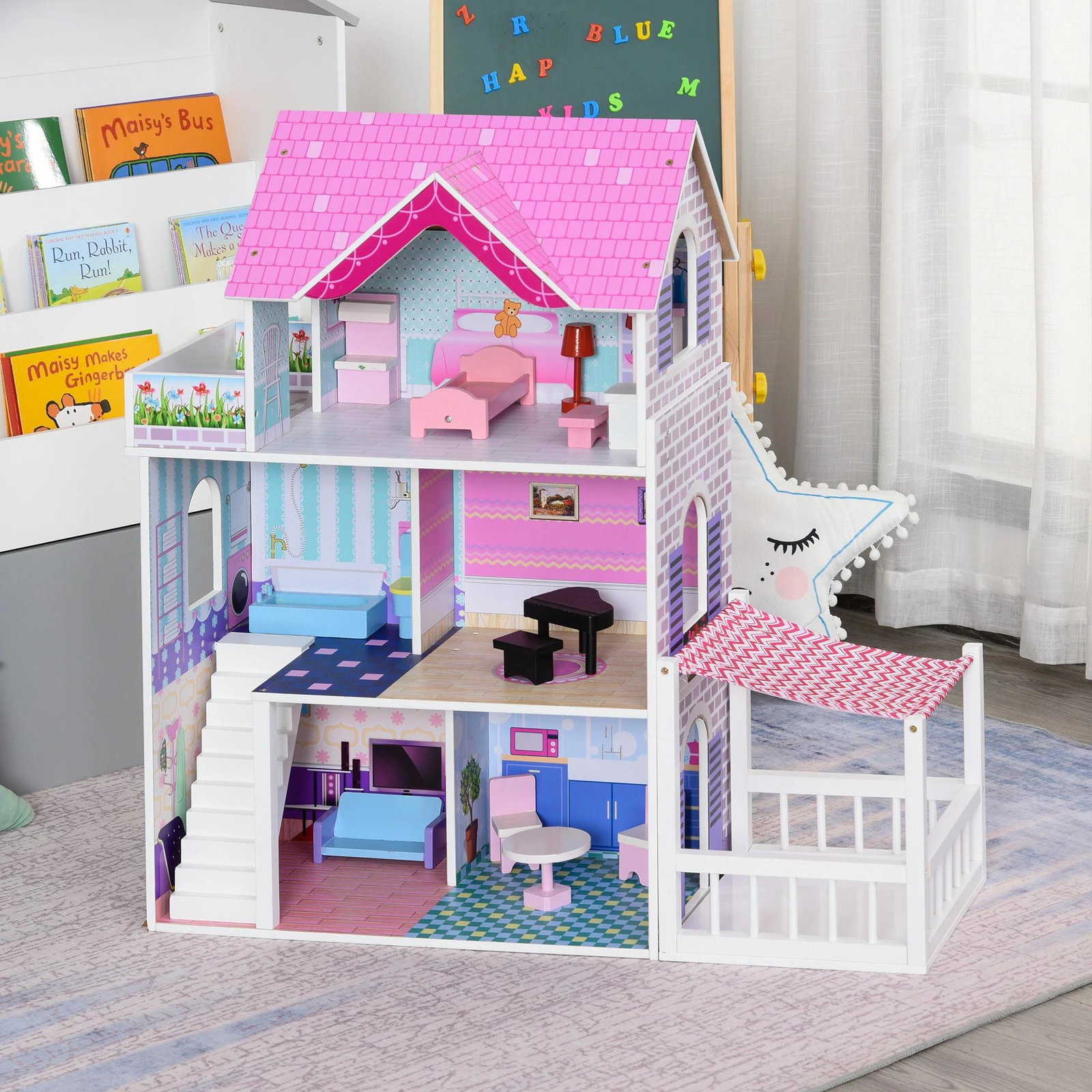 Casa de bonecas 3 andares com pátio mobília acessórios madeira 86x30x87 cm rosa