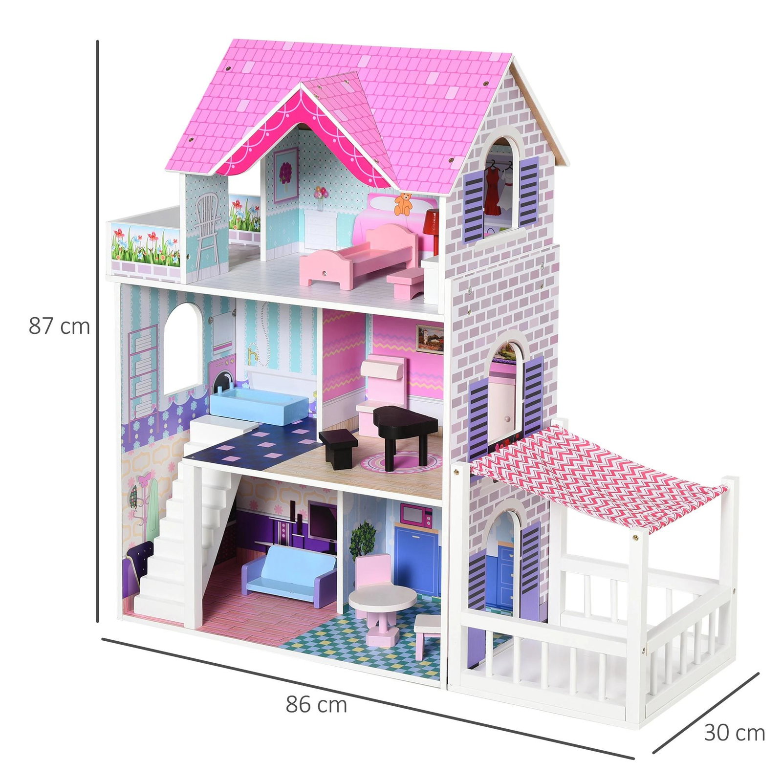 Casa de bonecas 3 andares com pátio mobília acessórios madeira 86x30x87 cm rosa