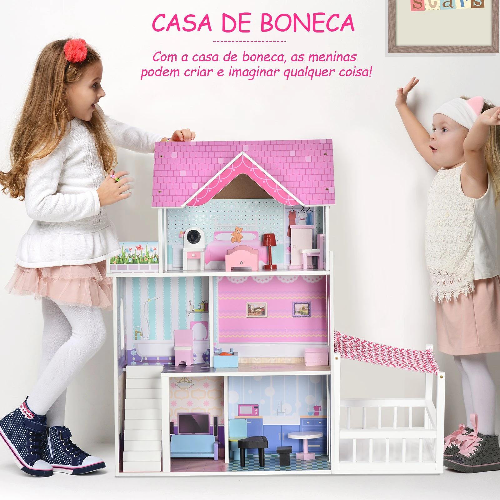 Casa de bonecas 3 andares com pátio mobília acessórios madeira 86x30x87 cm rosa