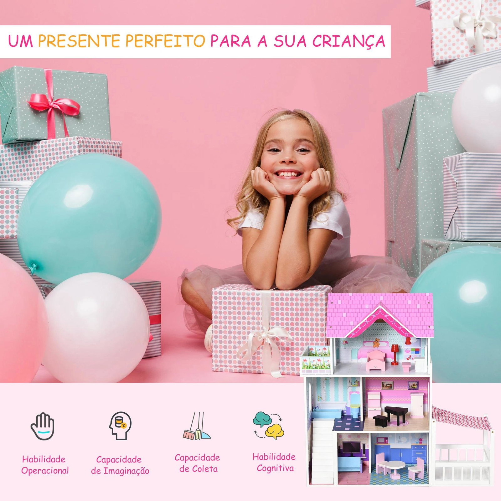 Casa de bonecas 3 andares com pátio mobília acessórios madeira 86x30x87 cm rosa