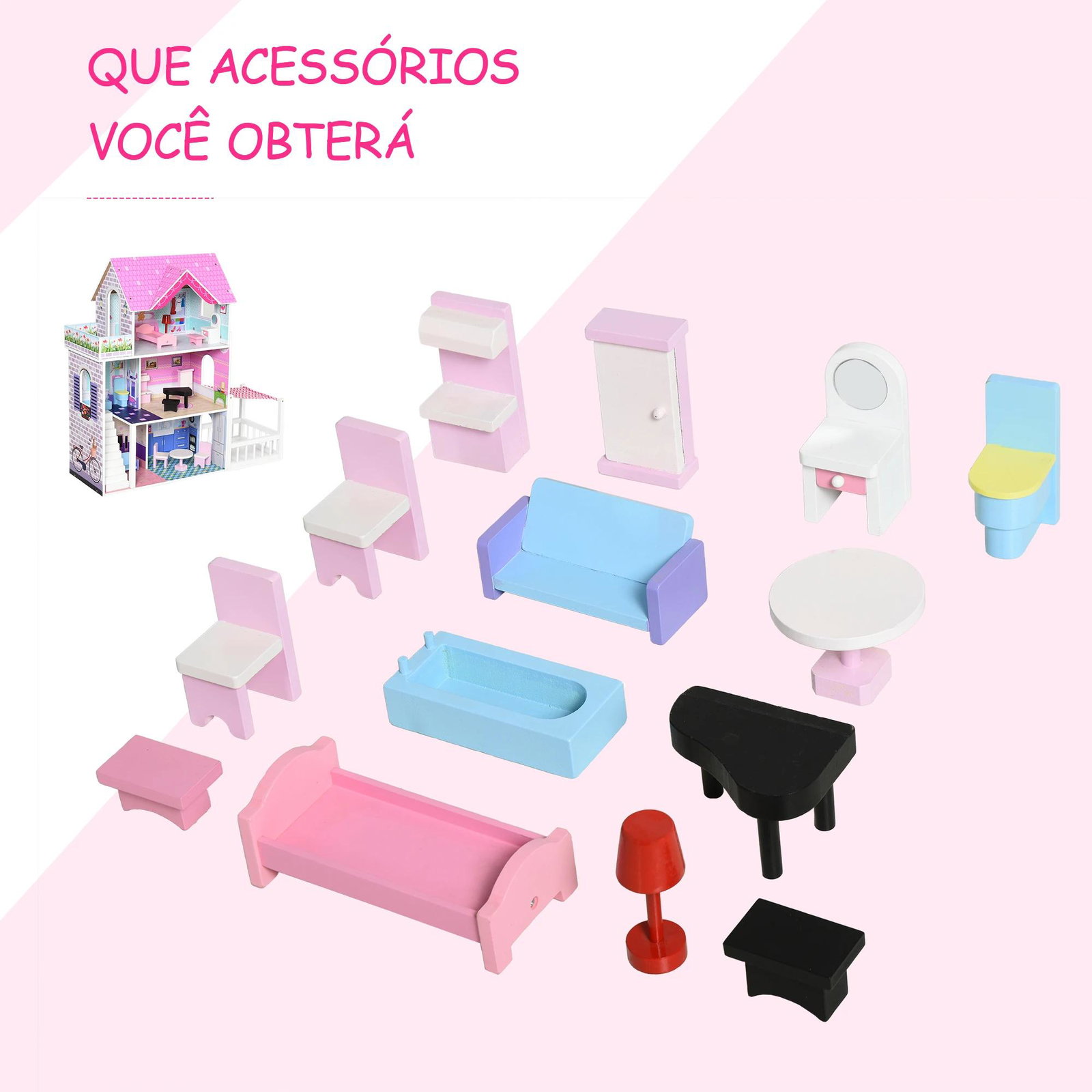 Casa de bonecas 3 andares com pátio mobília acessórios madeira 86x30x87 cm rosa
