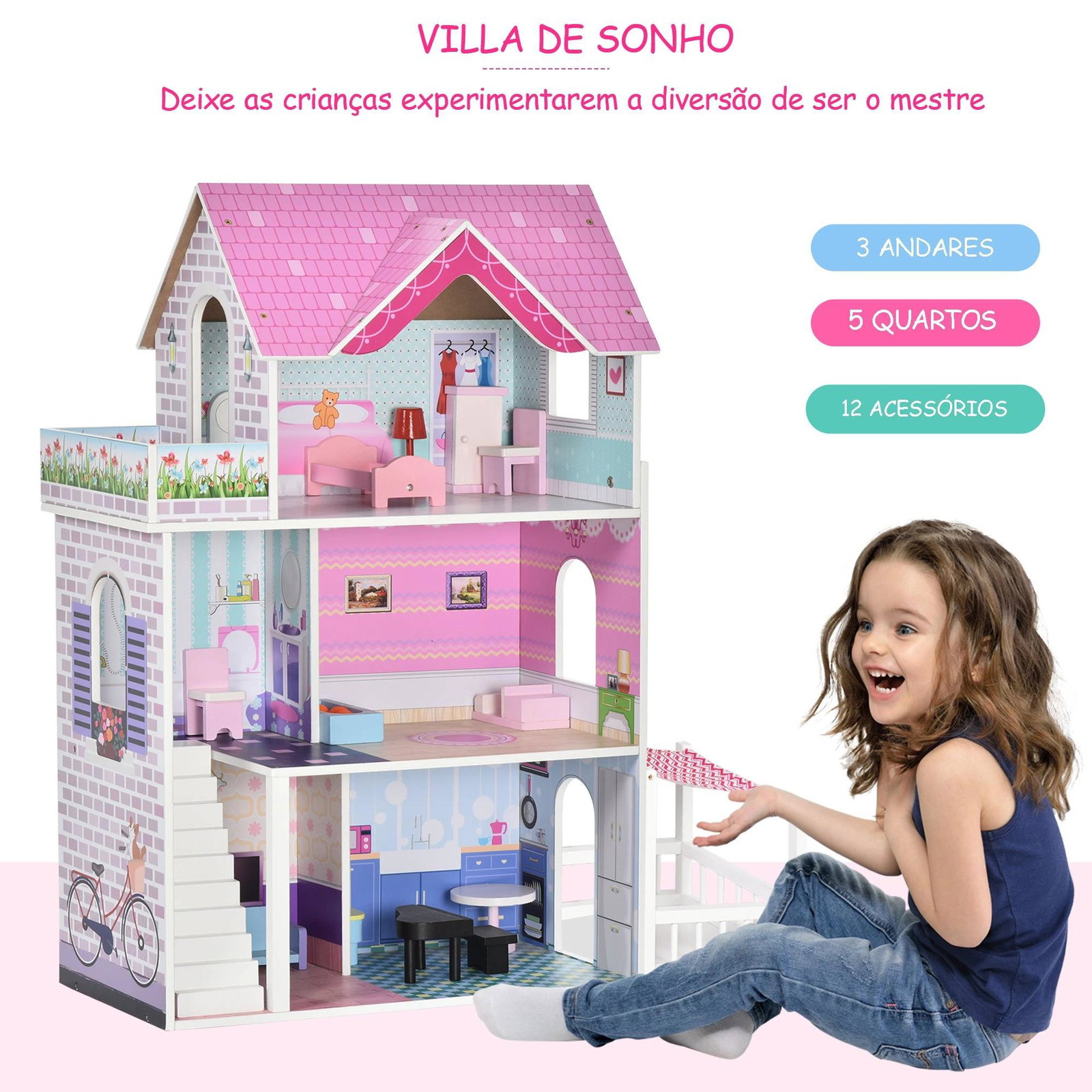 Casa de bonecas 3 andares com pátio mobília acessórios madeira 86x30x87 cm rosa