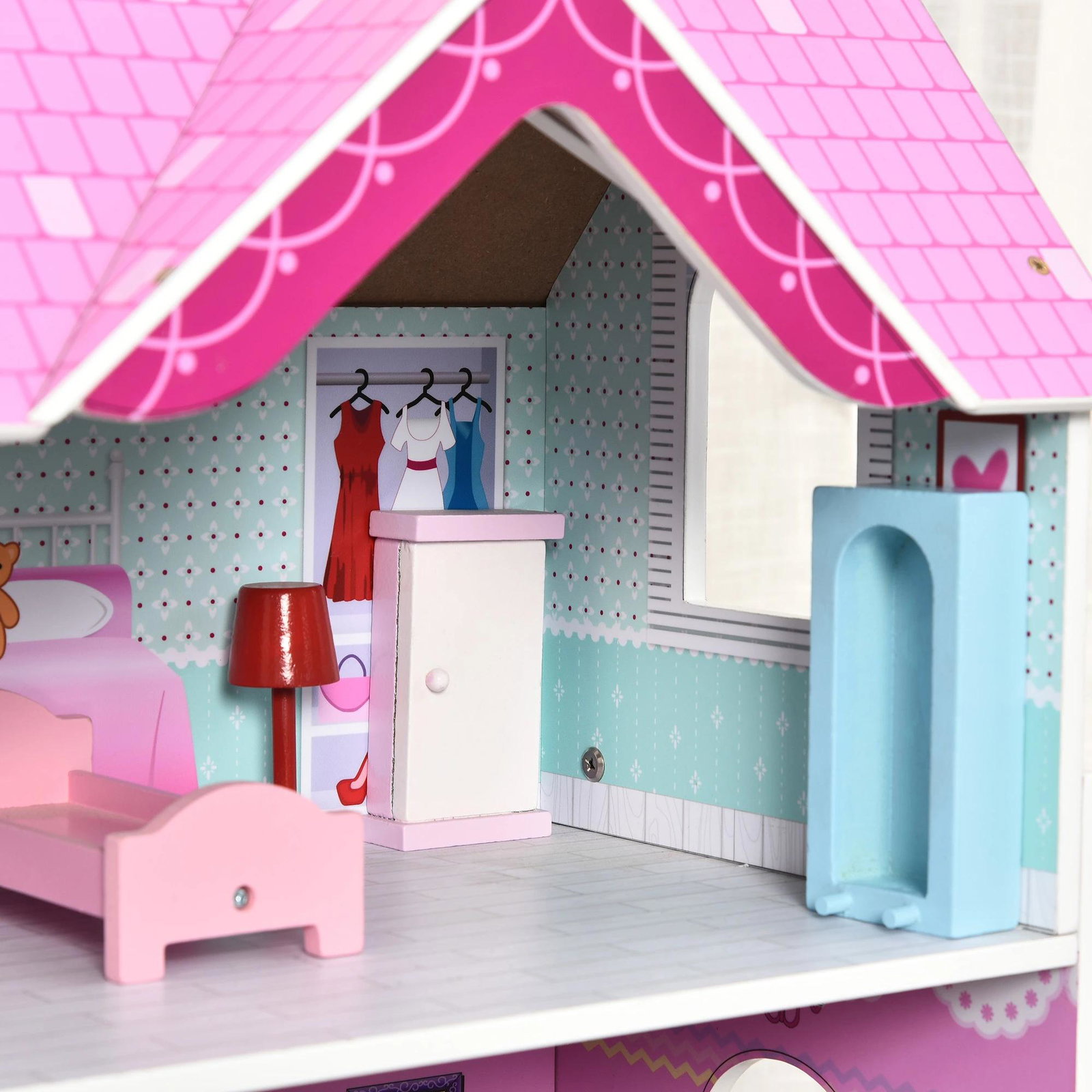 Casa de bonecas 3 andares com pátio mobília acessórios madeira 86x30x87 cm rosa