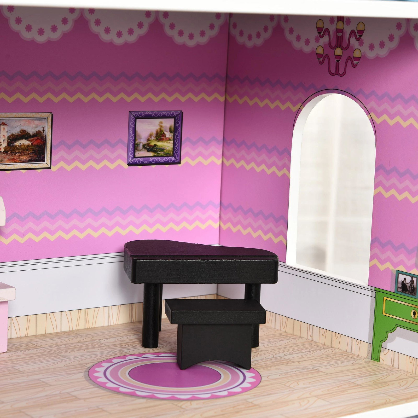 Casa de bonecas 3 andares com pátio mobília acessórios madeira 86x30x87 cm rosa