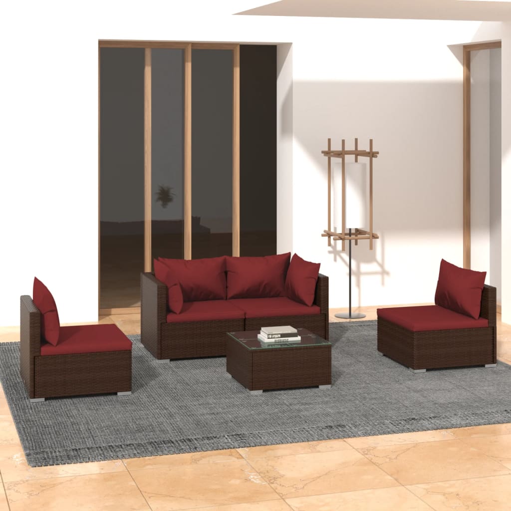 5 Pcs conjunto lounge jardim c/ almofadões vime PE castanho