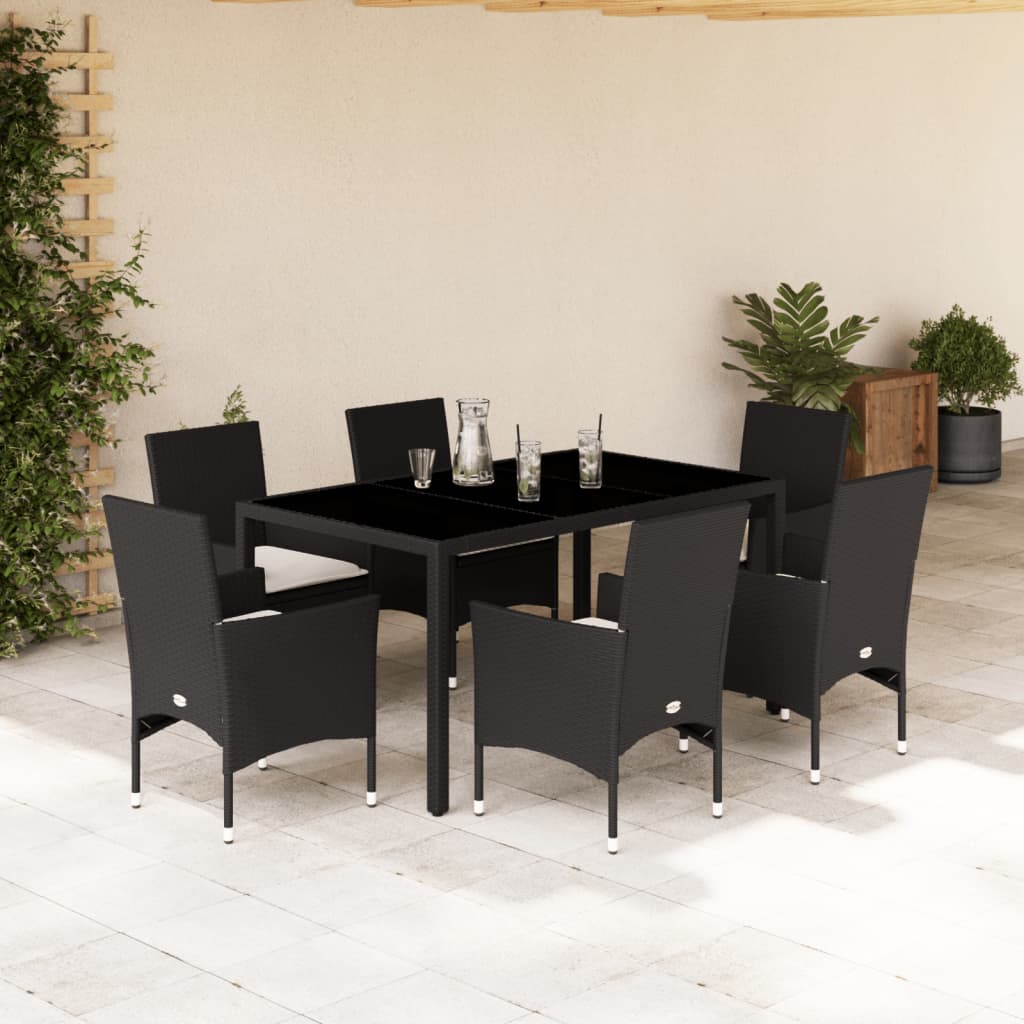 7 Pcs conjunto jantar jardim c/almofadões vime PE/vidro preto