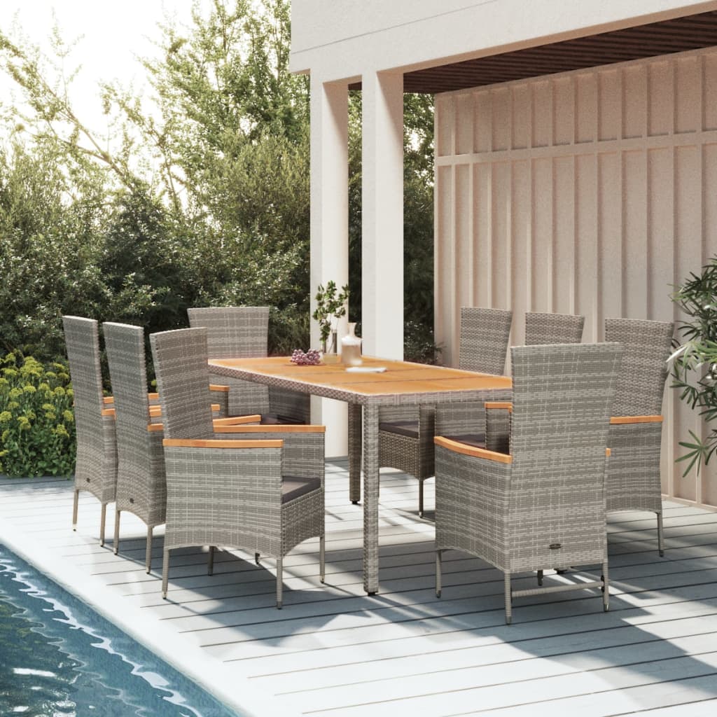 9 Pcs conjunto de jantar p/ jardim c/ almofadões vime PE cinza