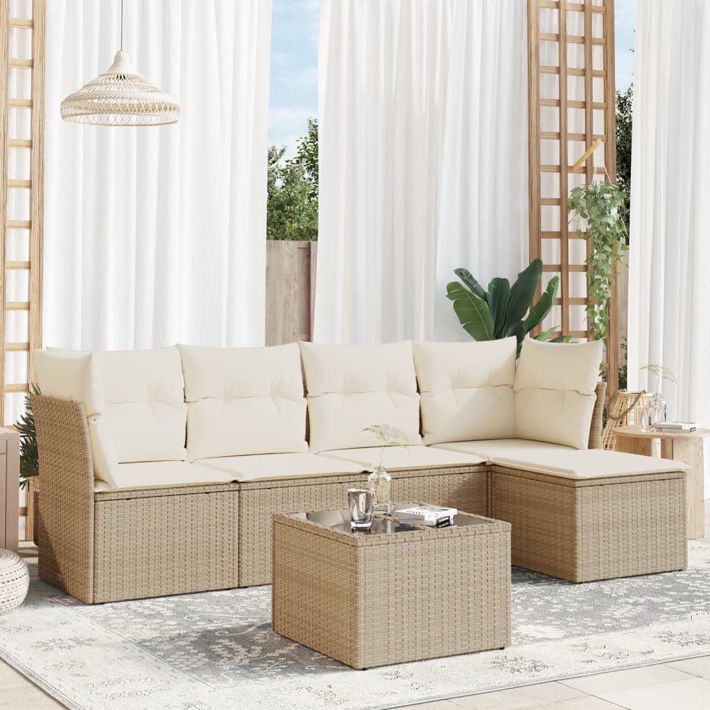 6 Pcs conjunto de sofás p/ jardim com almofadões vime PE bege