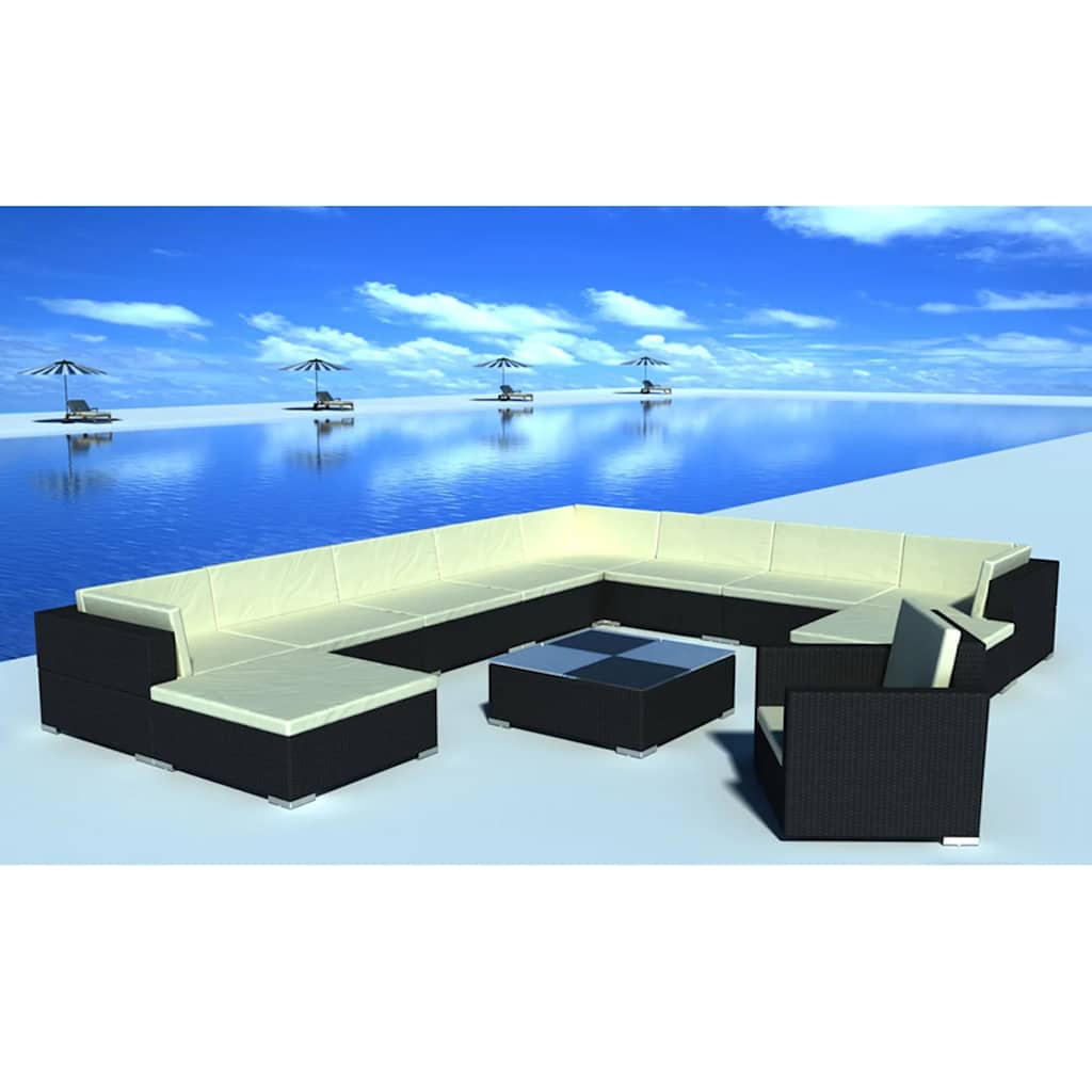 12 Pcs conjunto lounge de jardim c/ almofadões vime PE preto