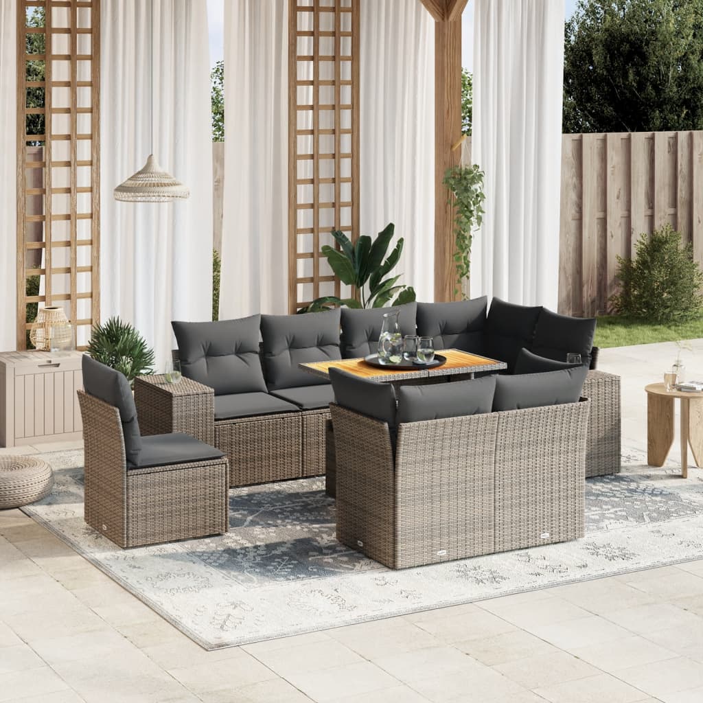 9 Pcs conjunto sofás p/ jardim com almofadões vime PE cinzento