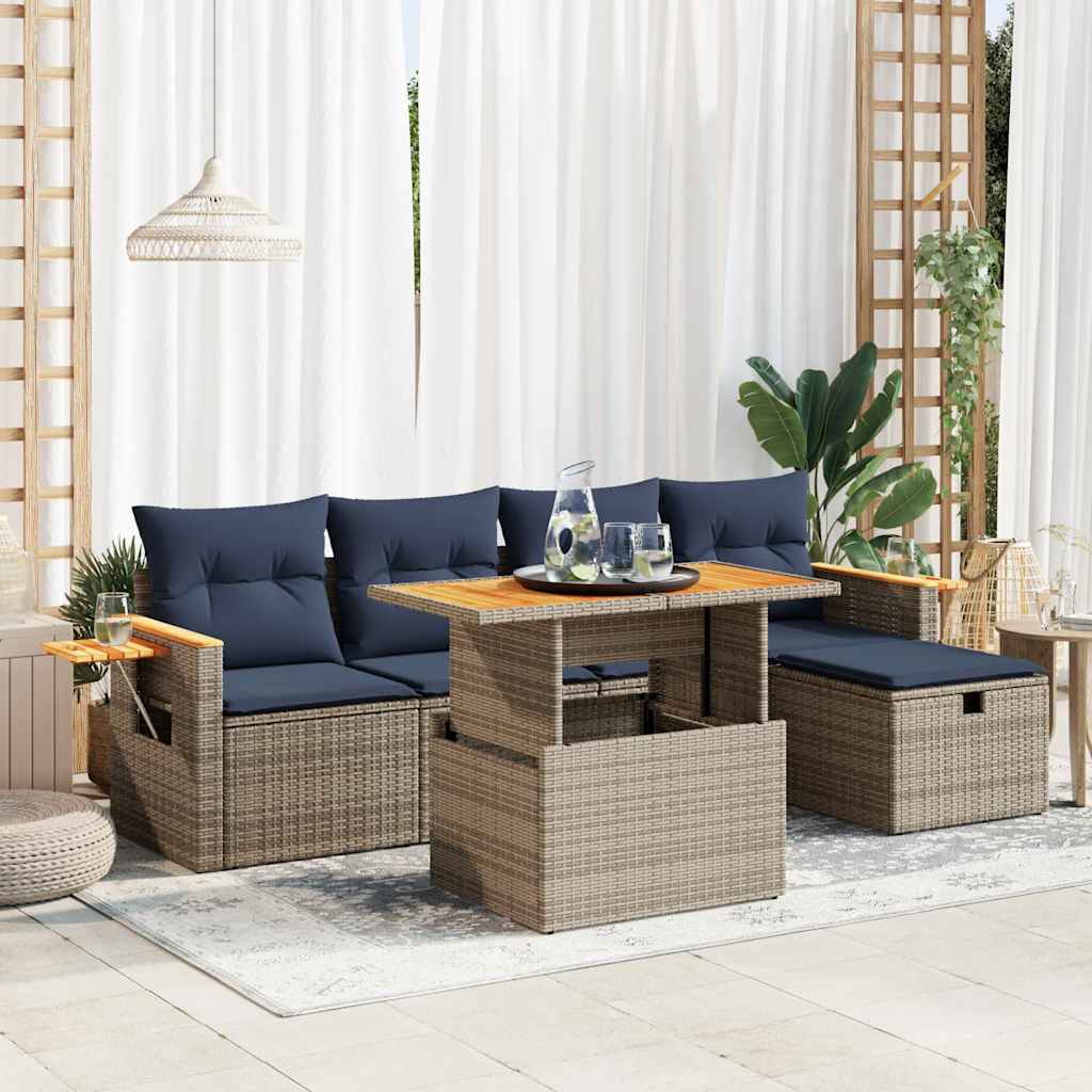 6 Pcs conjunto sofás jardim com almofadões PE/acácia cinzento