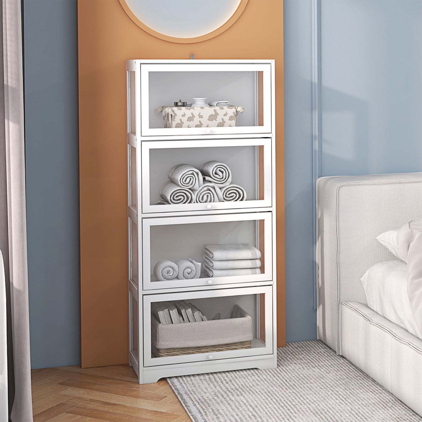 Vitrine branco de 4 níveis para sala de estar anti-tombo 59x30x139 cm com portas abatíveis de acrílico colecionador