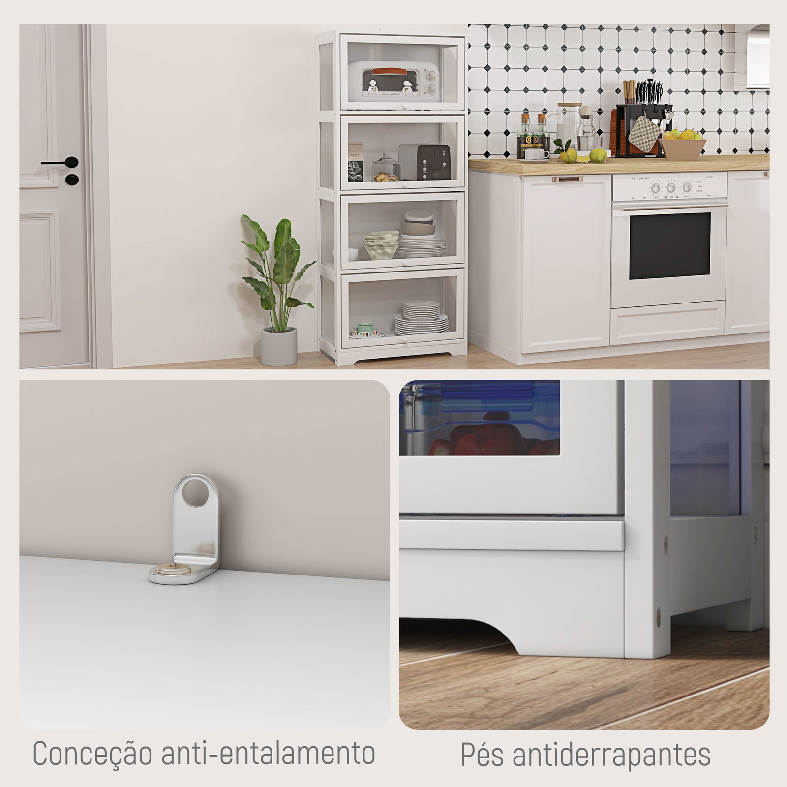 Vitrine branco de 4 níveis para sala de estar anti-tombo 59x30x139 cm com portas abatíveis de acrílico colecionador