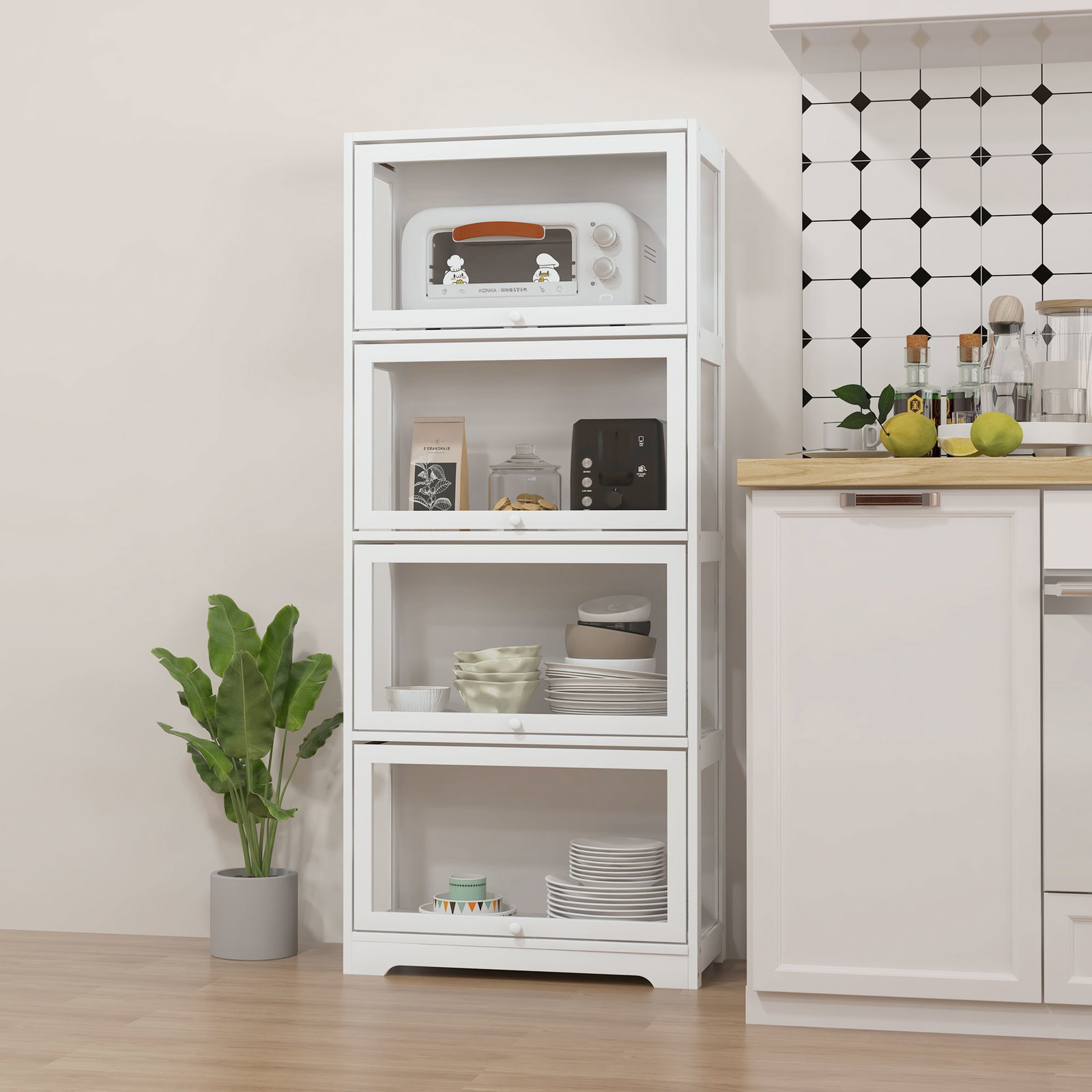 Vitrine branco de 4 níveis para sala de estar anti-tombo 59x30x139 cm com portas abatíveis de acrílico colecionador