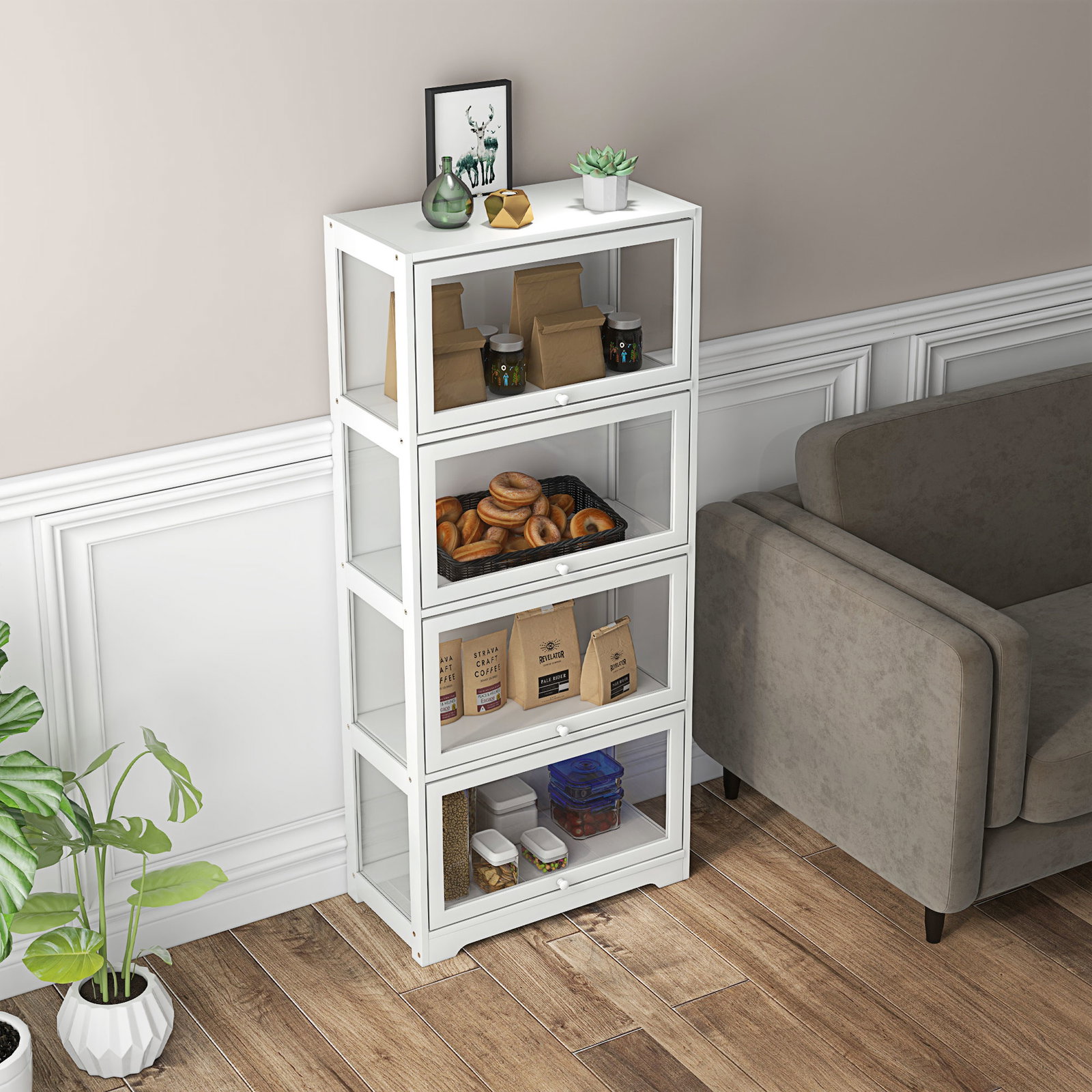 Vitrine branco de 4 níveis para sala de estar anti-tombo 59x30x139 cm com portas abatíveis de acrílico colecionador