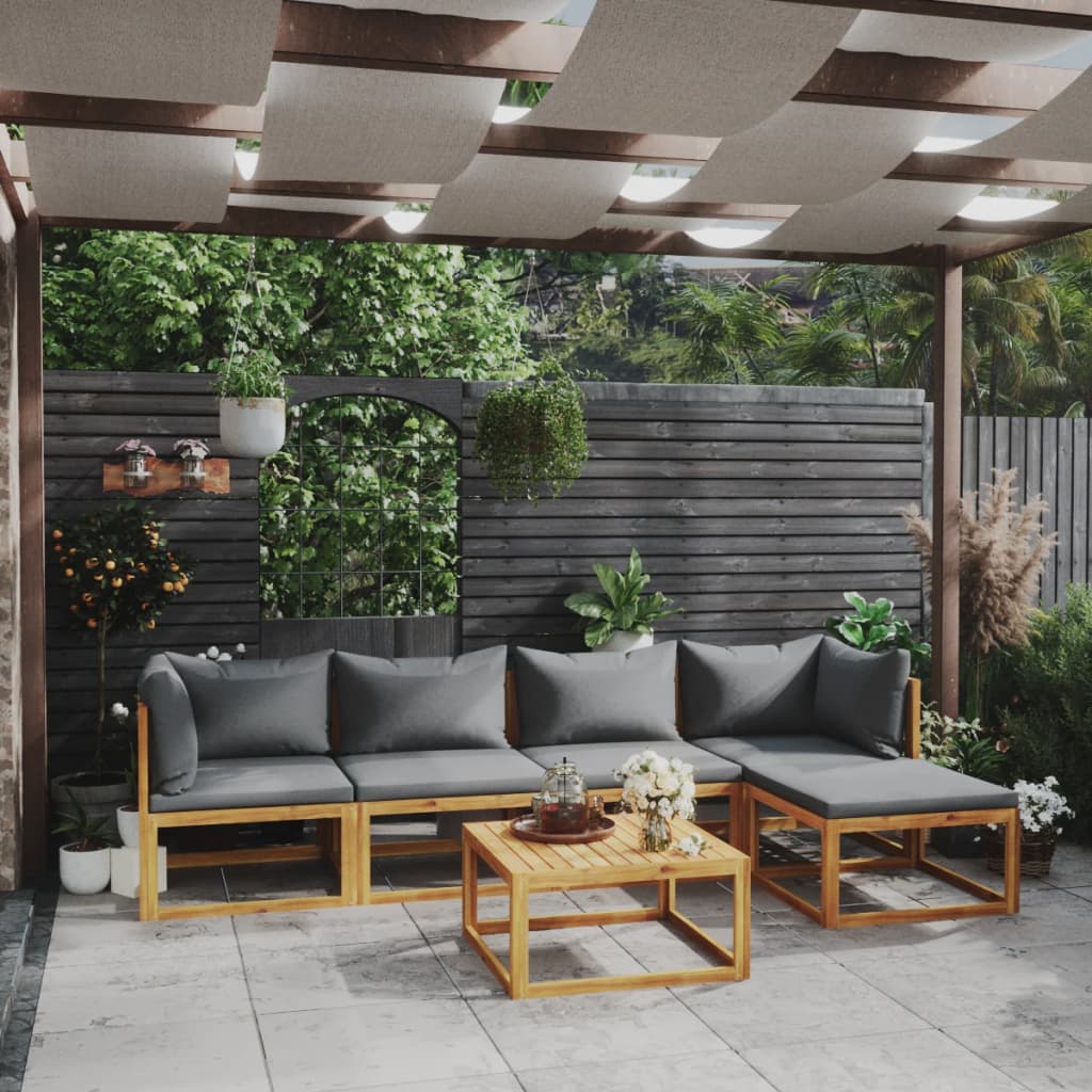 6 Pcs conjunto lounge de jardim c/ almofadões acácia maciça