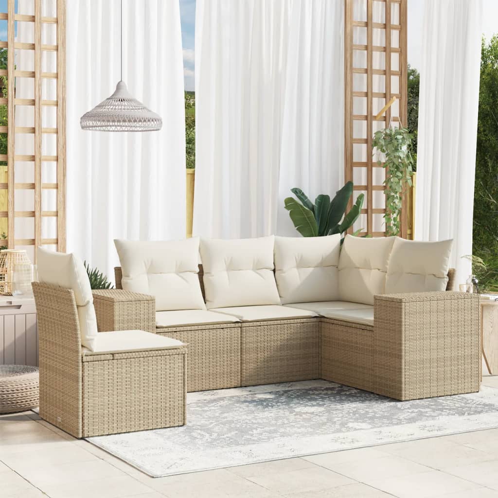 5 Pcs conjunto de sofás p/ jardim com almofadões vime PE bege