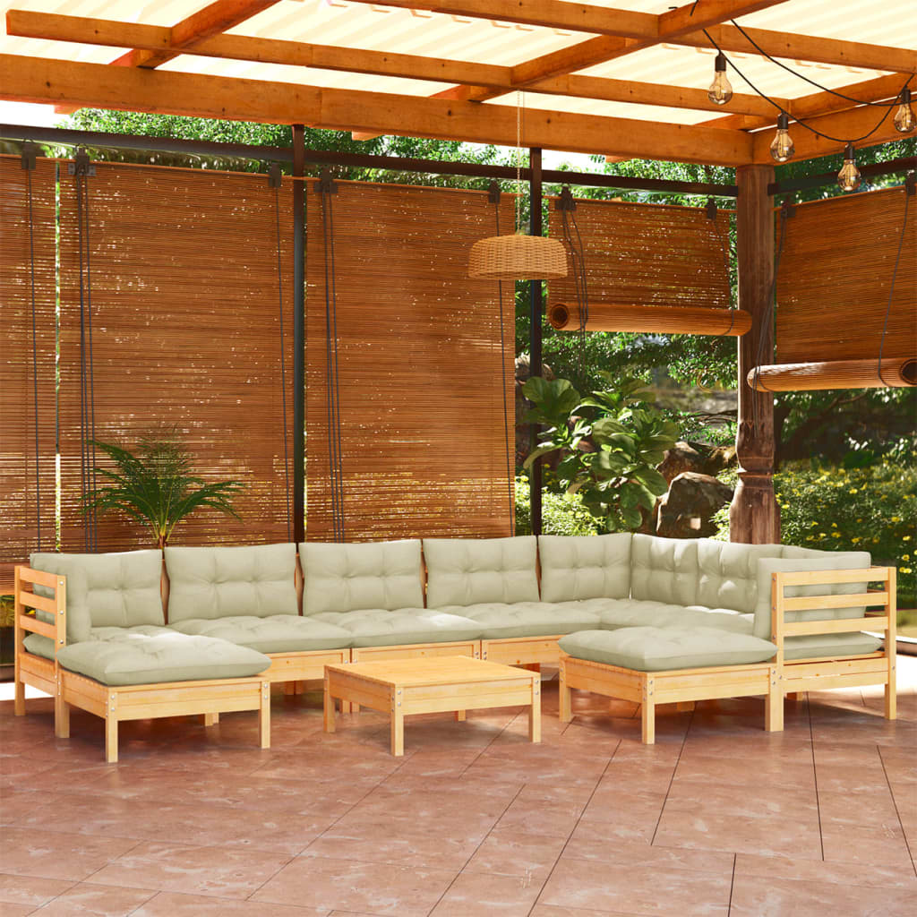 10 Pcs conjunto lounge jardim c/ almofadões creme pinho maciço