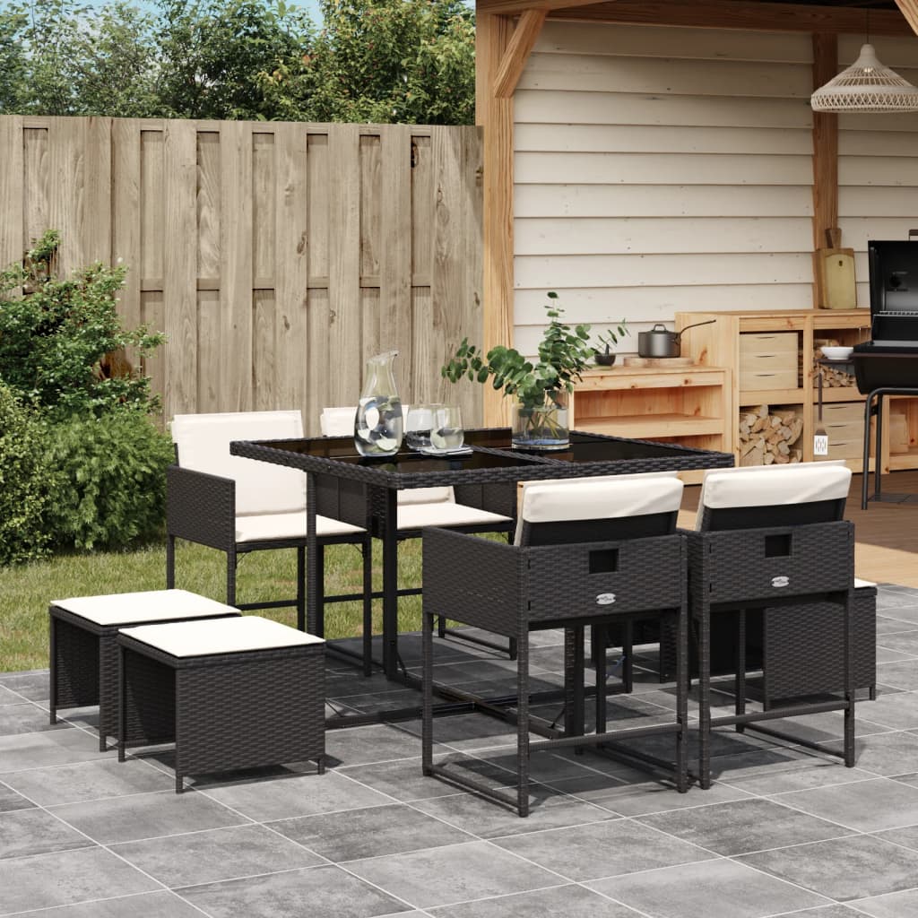 9 Pcs conjunto de jantar p/ jardim c/ almofadões vime PE preto