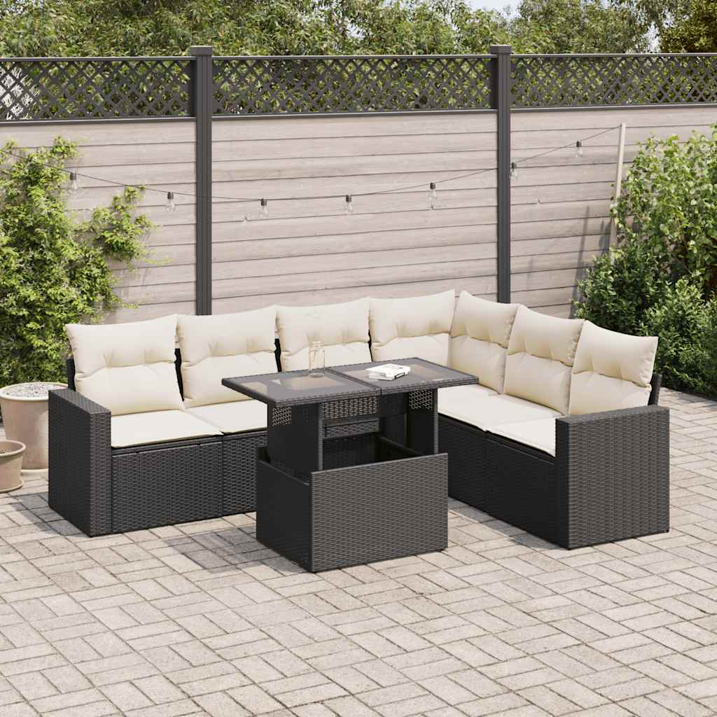 7 Pcs conjunto de sofás p/ jardim c/ almofadões vime PE preto