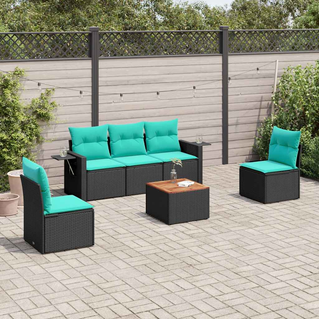 Conjunto de sofá de jardim com 6 peças e almofadas em rattan sintético preto