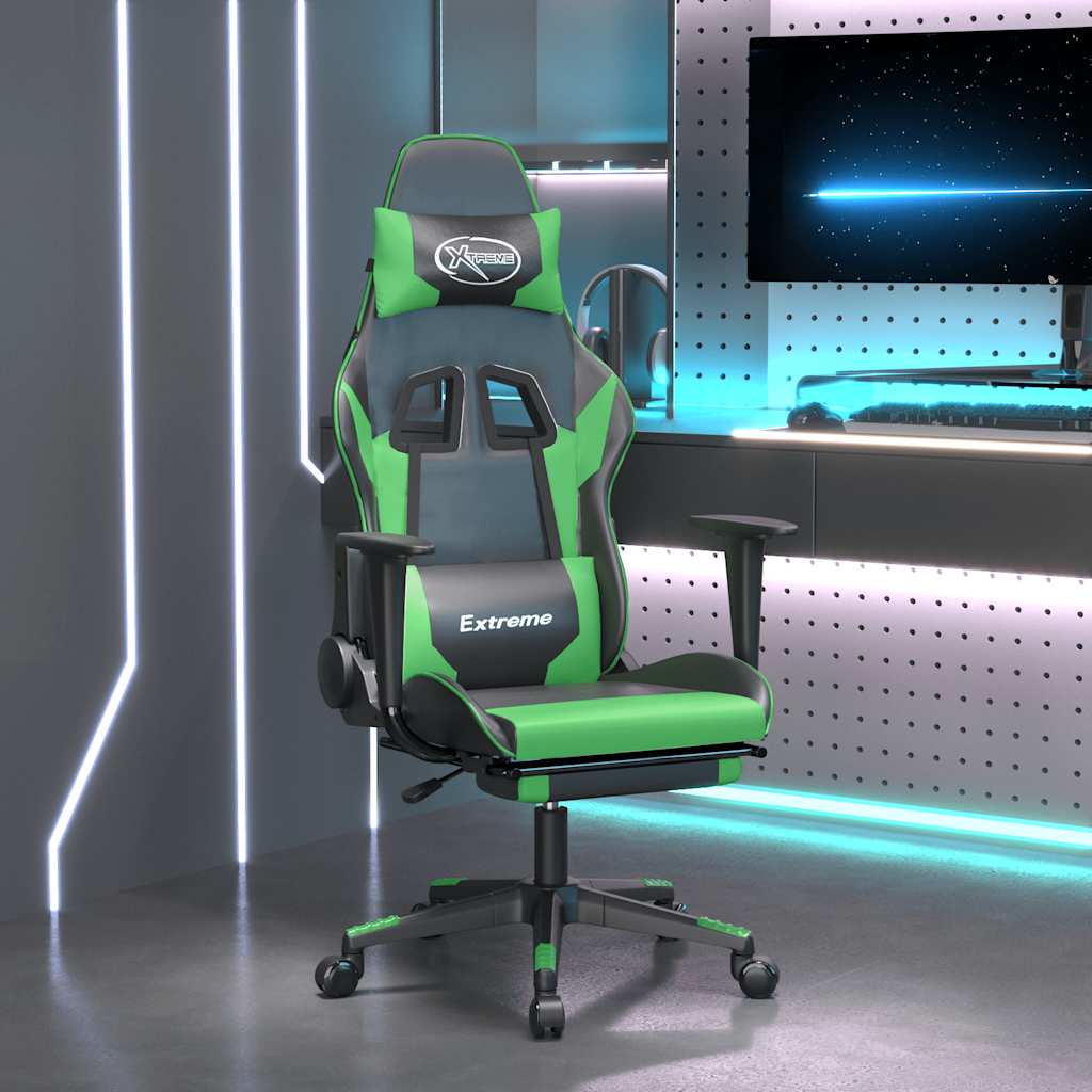 Cadeira gaming massagens c/ apoio pés couro artif. preto/verde
