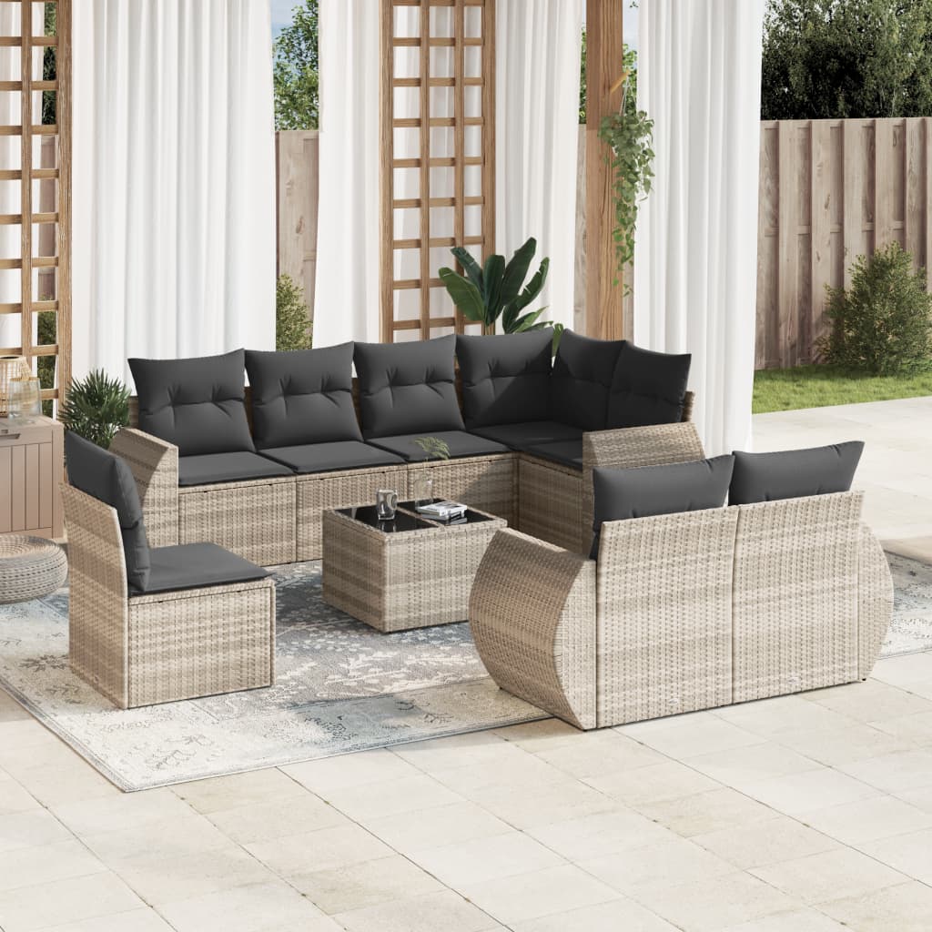 9 Pcs conj. sofás jardim com almofadões vime PE cinzento-claro